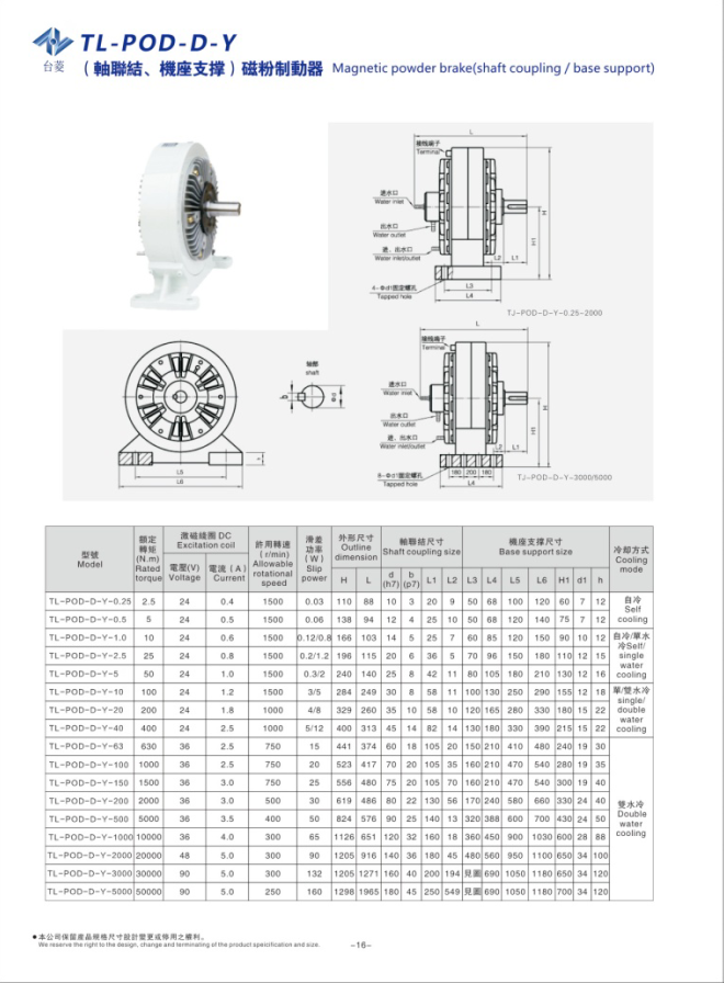 水冷磁粉制动器TL-POD-D-Y规格型号尺寸参数表