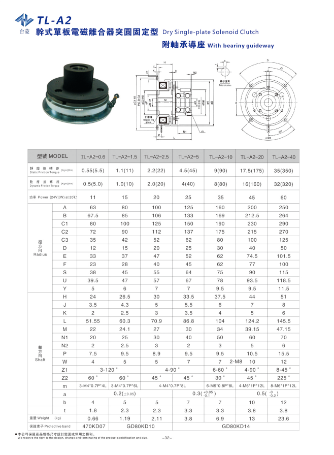 轴承安装法兰式电磁离合器TL-A2型规格型号尺寸参数表