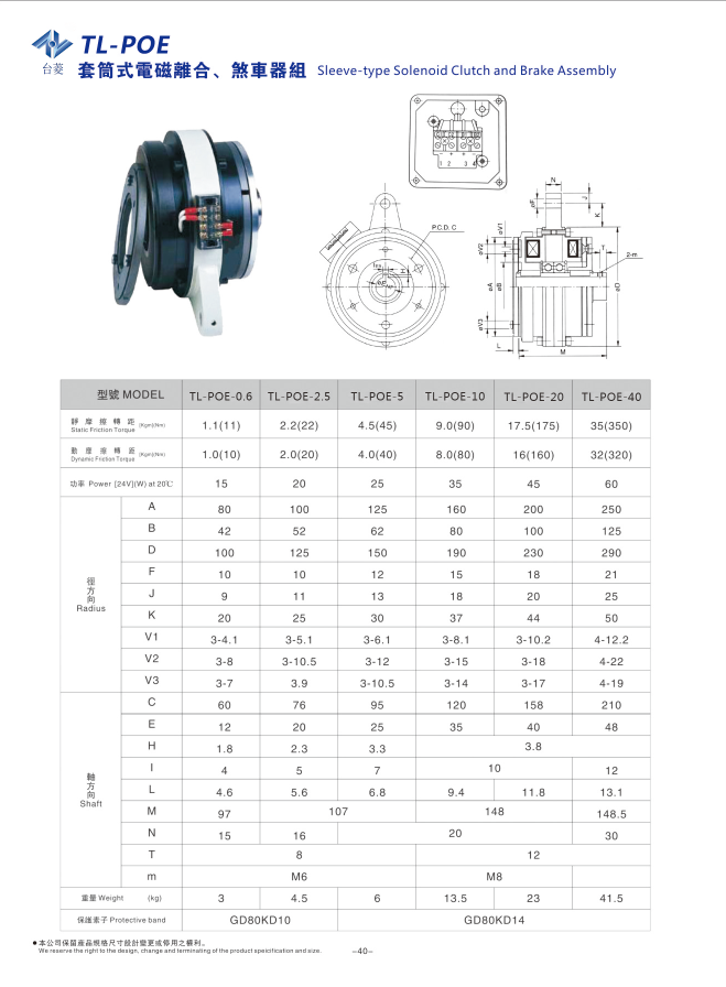 套筒式电磁离合刹车器组TL-POE型规格型号参数表