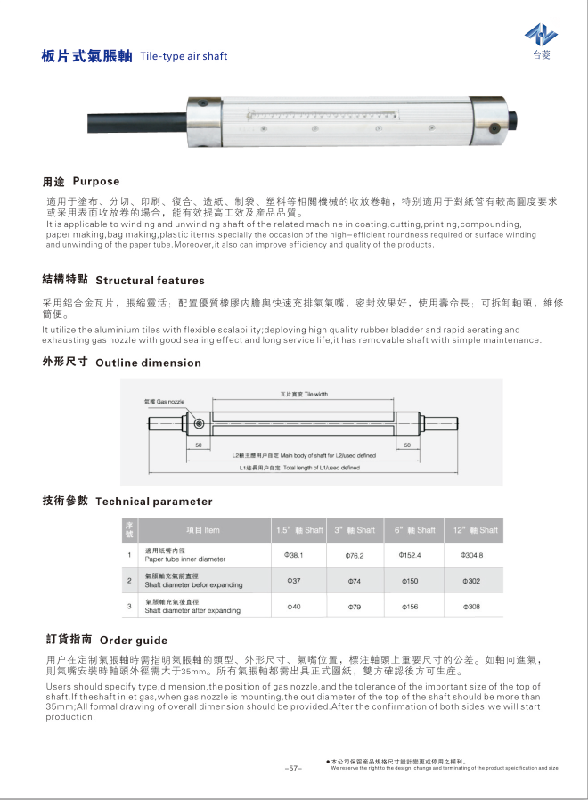 瓦片式气胀轴（板条式气涨轴）规格型号尺寸参数表