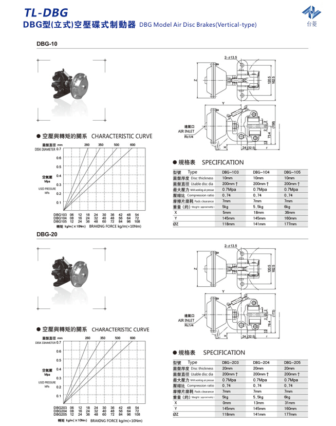 立式空压碟式制动器DBG型规格型号尺寸参数表